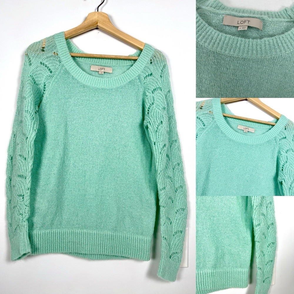Ann Taylor LOFT Sweater Womens Small Pullover Long‎ Sleeve Green Crochet Sleeves